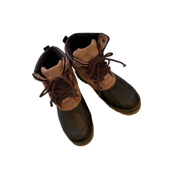 9M Boston Accent "Sleek" Women's Lace Up Winter Duck Boots Tan Suede and Navy Bl - Picture 2 of 11